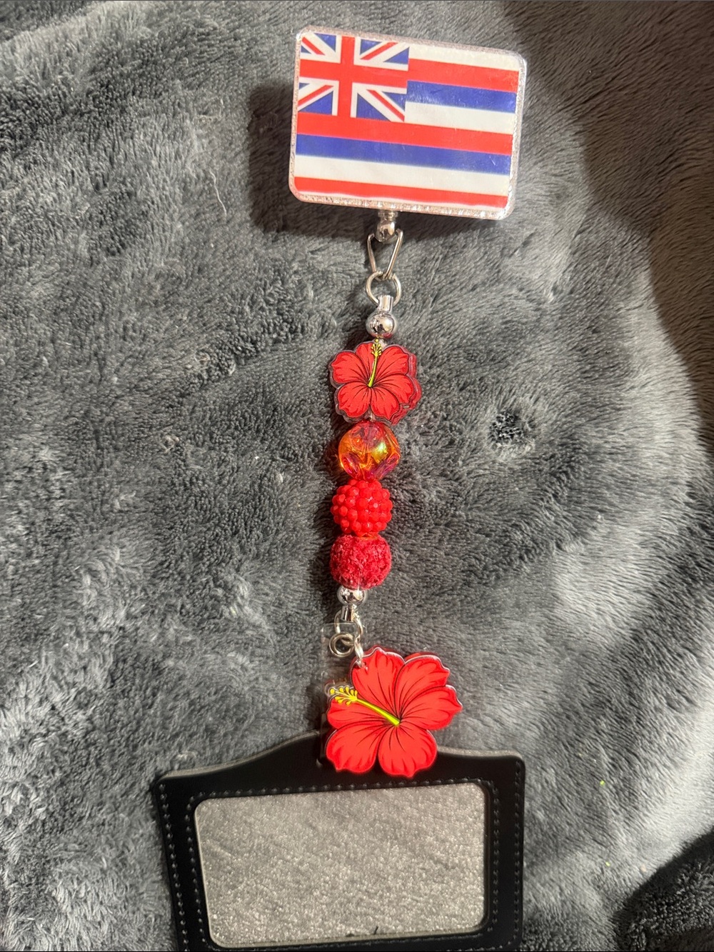 Red Hibiscus Badge Reel ID Holder with Hawaiian Flag Clip